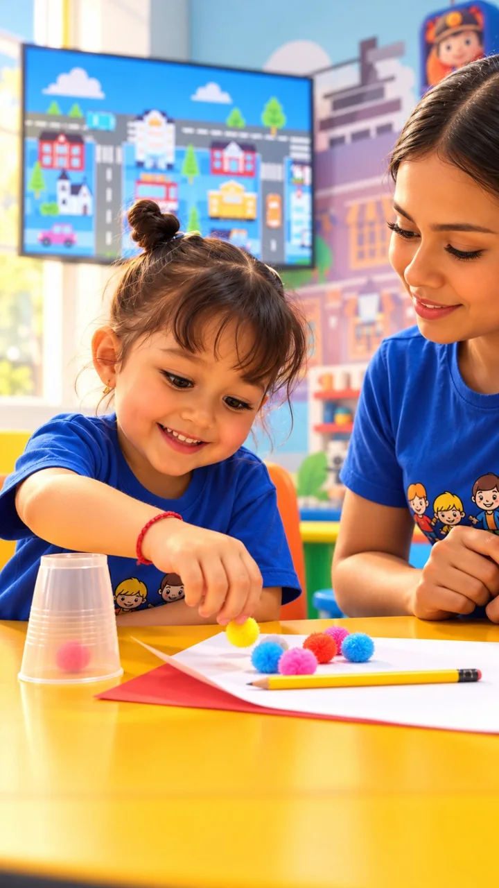 Una teacher de Talking Kids acompaña a una niña en una actividad con pompones de colores